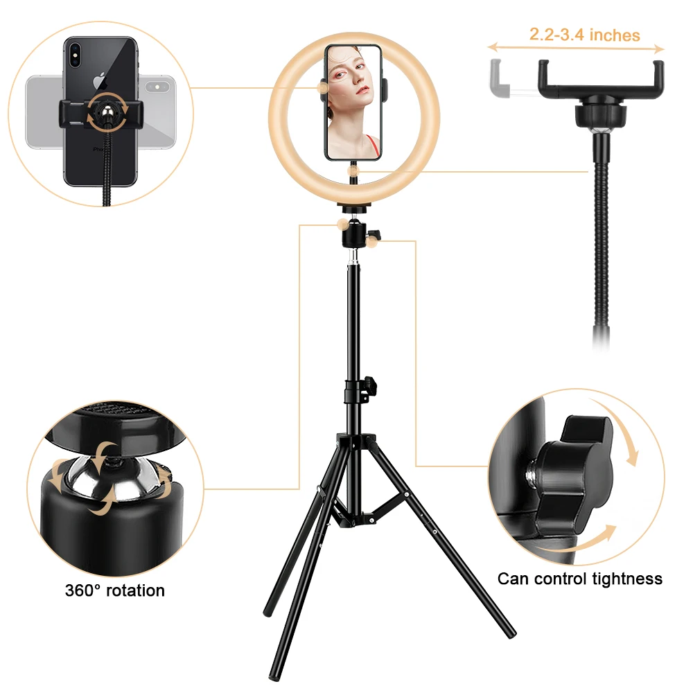 

8/10/12 inch LED Selfie Ring Light Dimmable LED Ring Lamp Tripod Photo Video Camera Phone Light For Live YouTube Fill Light