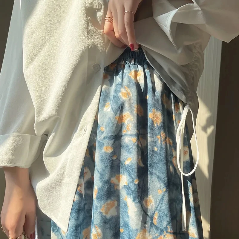 

2021 Elegant Floral Women Bohemian Mid Calf High Waist Skirt Beach Long Skirts Design A-line Female Skirts Casual Streetwear