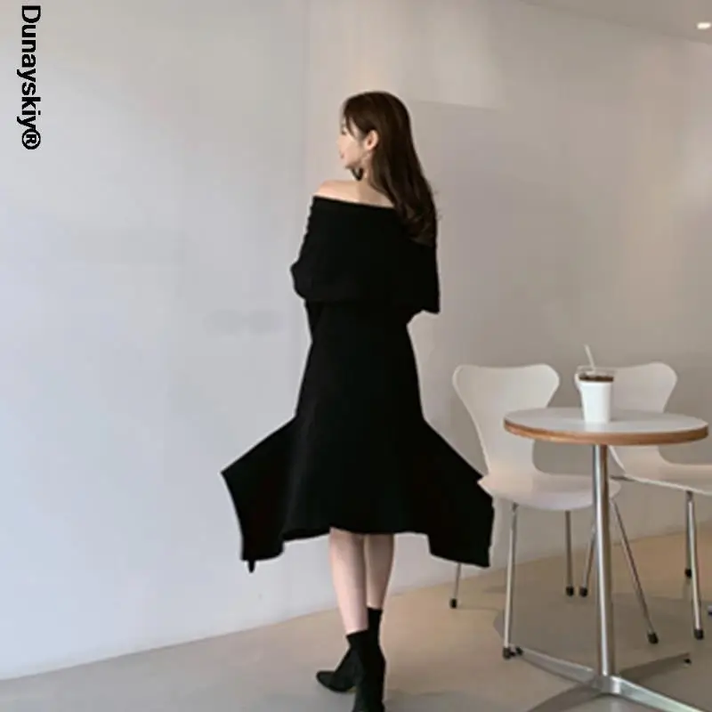 

2021 Neck Knitting Dress Woman Ruffles Khaki Elegant Autumn Woman's Knit Dress Vestidos Fall Warm Party Dresses Winter