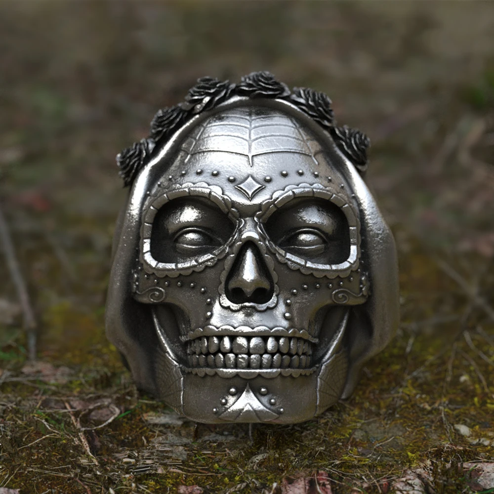 Женское кольцо с сахарным черепом Goth Santa Muerte из нержавеющей стали 316L розами