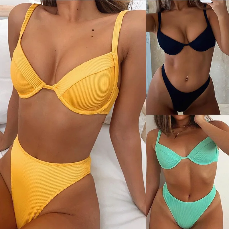 

2021 New Split Swimsuit Ladies Two-piece Sexy Rubber Band Steel Support Multicolor Split Swimsuit European and American Bikini