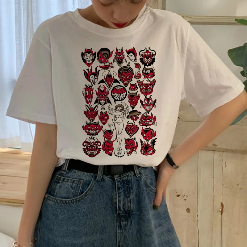 

New Satan Harajuku T Shirt Women Ullzang Satanist Cartoon Funny T-shirt Lucifer 90s Graphic Tshirt Fashion Funny Top Tees Female