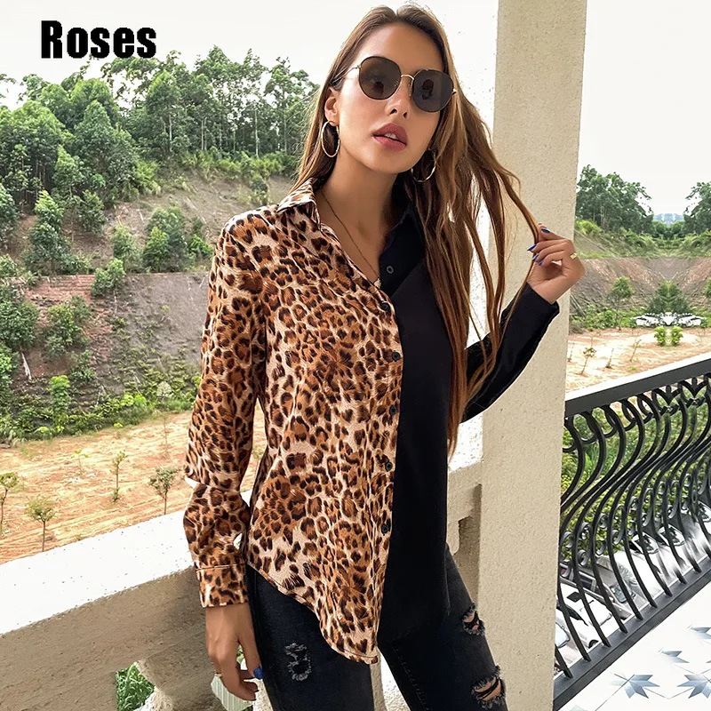 

Женская модная рубашка с отложным воротником, Повседневная Блузка с длинным рукавом, на пуговицах, черные леопардовые топы, уличная одежда, ...