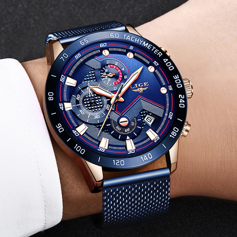 LIGE New Men Watch Luxury Brand Blue Mesh belt Wrist For Chronograph Army Military Quartz Watches Relogio Masculino | Наручные часы