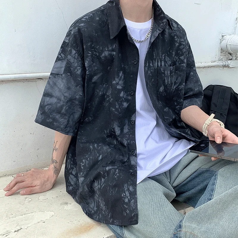 Мужская рубашка с коротким рукавом однобортная Свободная Повседневная оверсайз