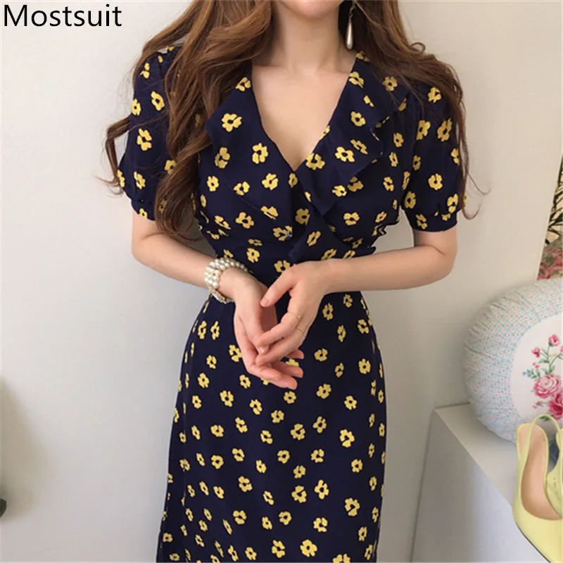 Женское винтажное платье с оборками длинное цветочным принтом коротким рукавом