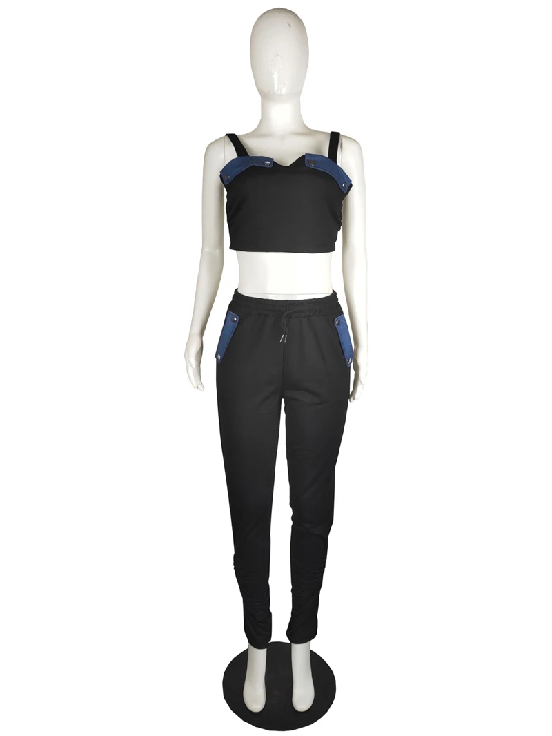 

2XL Denim Patchwork Tracksuit Women Two Piece Set Summer Clothes Cami Crop Top and Skinny Pants Sweat Suit Outfits Jogging Femme
