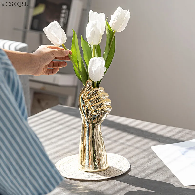 

WDDSXXJSL creative electroplating golden vase home decoration ceramic crafts living room flower arrangement arm vase decoration