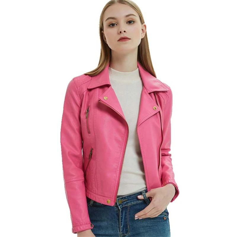 Hot Pink Cropped Zip Up Faux Leather Biker Jacket for Women Cute Ladies Slim Fit Slant Zipper Black PU Leather Moto Jacket