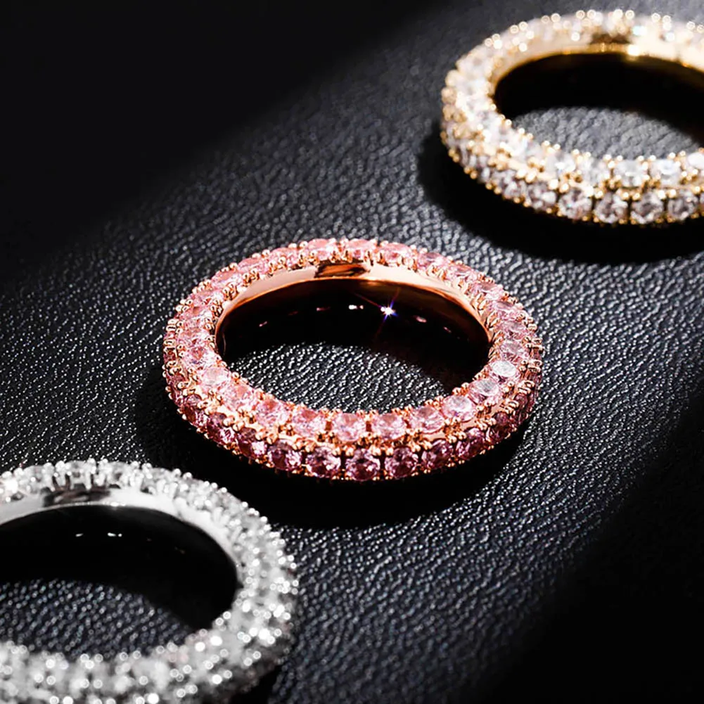 

New Fashion Charm 3 Row CZ Eternity Gold Ring Bling Iced Full Micro Pave Cubic Zirconia Hip Hop Punk Style Jewelry for Women
