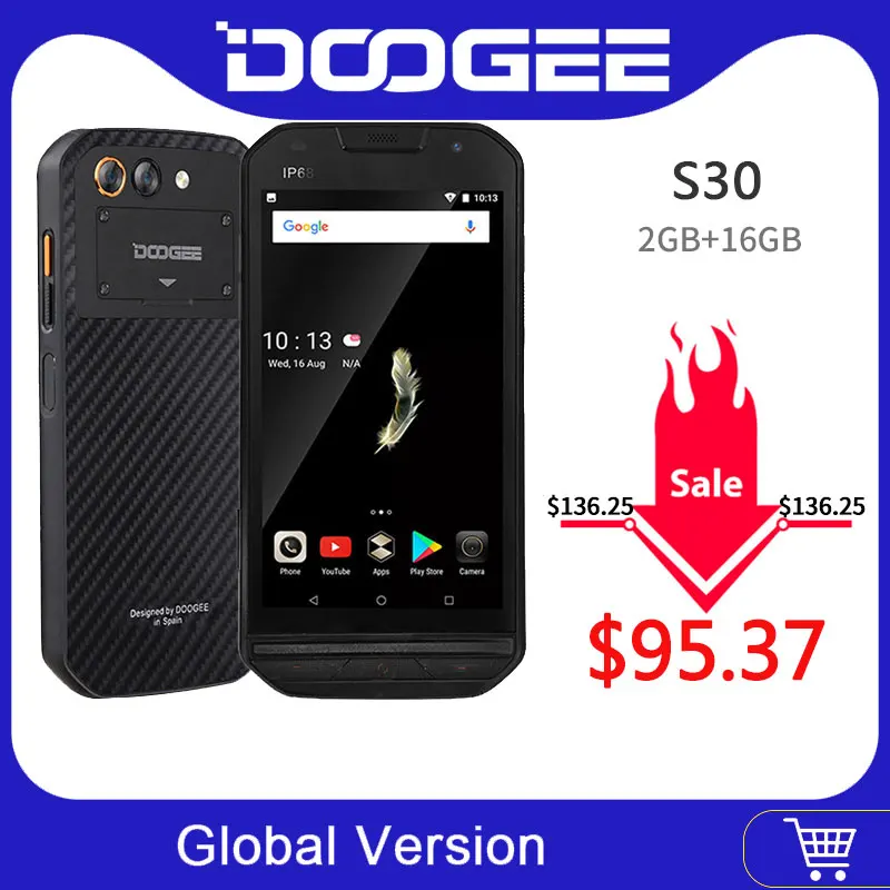 IP68 уровень DOOGEE S30 смартфон с боковым отпечатком пальца 2 Гб 16 Гб Двойная камера 5580 мАч 5 В/2 а Быстрая зарядка 5," HD Android 7,0 водонепроницаемый