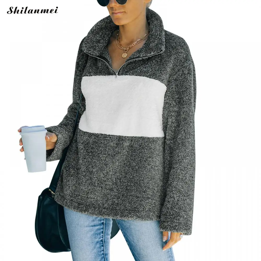 

Oversized Sweatshirt Women Casual Patchwork Sweater Thermal Women'S Jumper Long Sleeve Lapel Collar Pullover Autumn Winter Tops