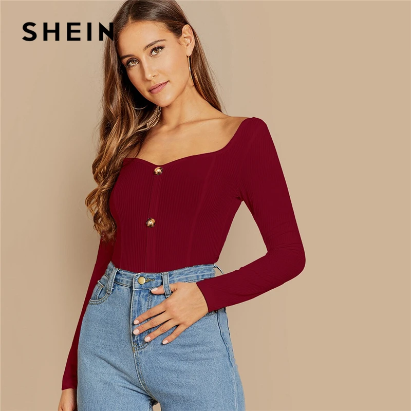 SHEIN Облегающий Топ С Длинным Рукавом И Глубоким Вырезом Трикотажная Блузка В Рубчик