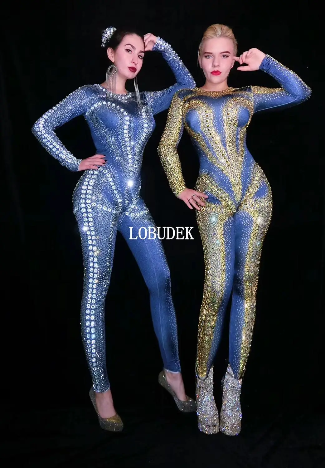 Gold Silver Rhinestones Blue Denim Printed Jumpsuit Elastic Crystals Skinny Jumpsuits Lady Birthday Stage Wear Nightclub Costume
