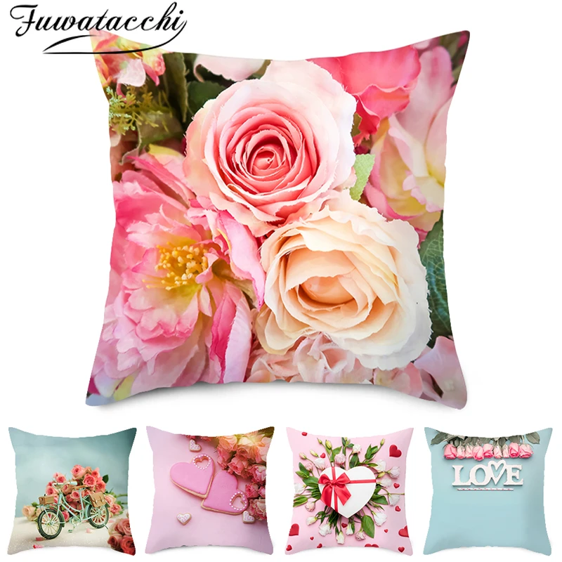 

Fuwatacchi Valentine's Day Gift Pillow Cover Love Flower Chshion Cover Printed Throw Pillowcase for Home Sofa Decorative Pillow