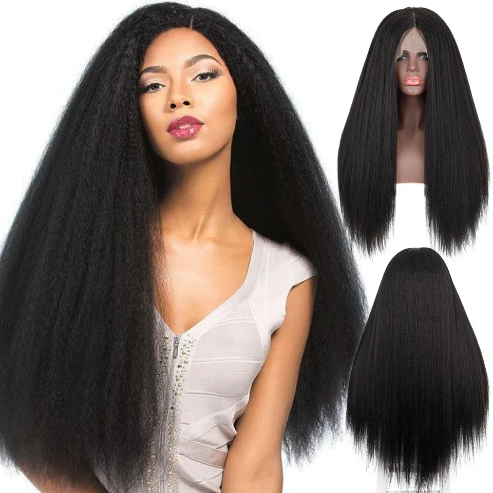 

Easy Install Yaki Straight Lace Front Wigs Natural Color Synthetic No Gel Headband Wig Heat Resistant Fiber Hair for Black Women
