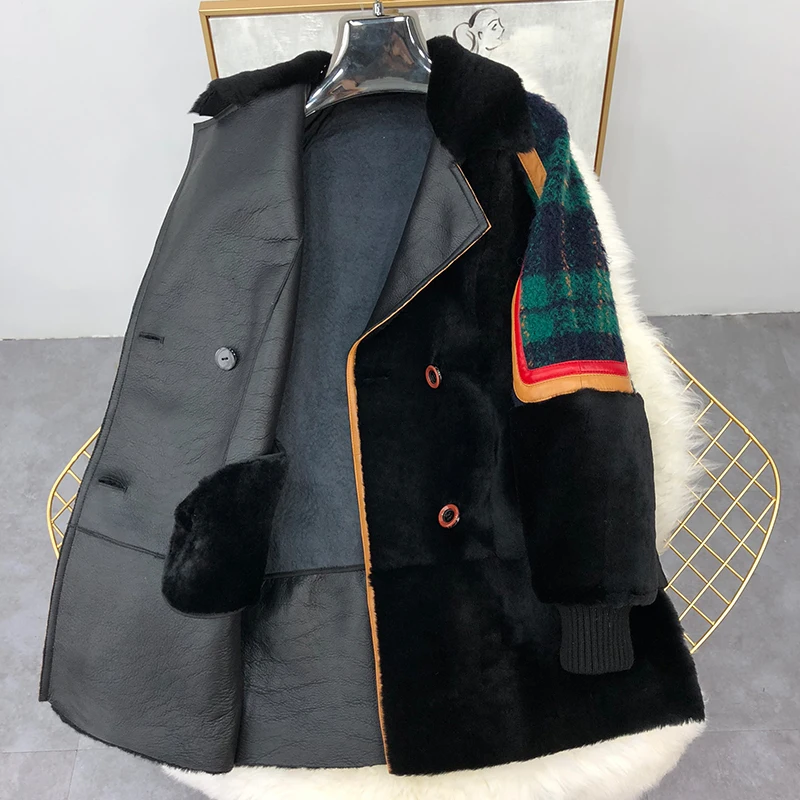Новинка 2020 Женское зимнее клетчатое пальто из овчины корейское модное большого