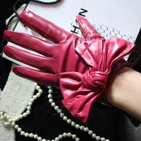 ladies real lambskin gloves lovely bow lace trim lining driving gloves short rose red black green purple womens glove