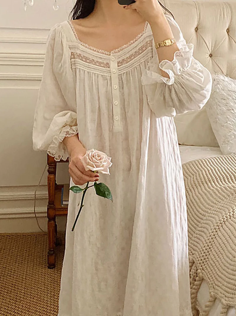 

White Women Vintage Princess Dress Royal Style Lolita Flower Lace.Cotton Yarn Ladies Gauze Nightgown Nightdress Home Sleepwear