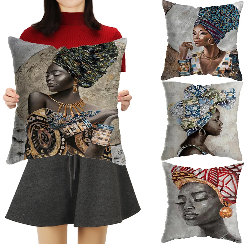 

Beautiful Black Gold Africa Girl Pillow With Fillings Short Plush Decor Colorful Cushion for Sofa Car Home Pillows 45x45cm