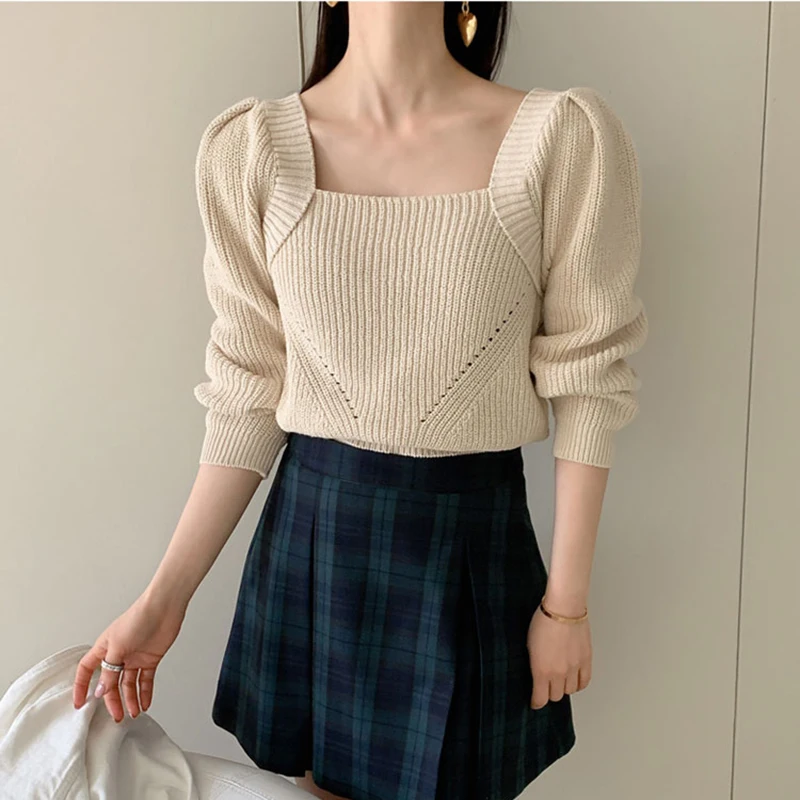 

New Arrival Retro Square Collar Lace-Up Backless Short Sweater Pullovers Korean Fashion Knit Hallow Out Clothes For Women 2021
