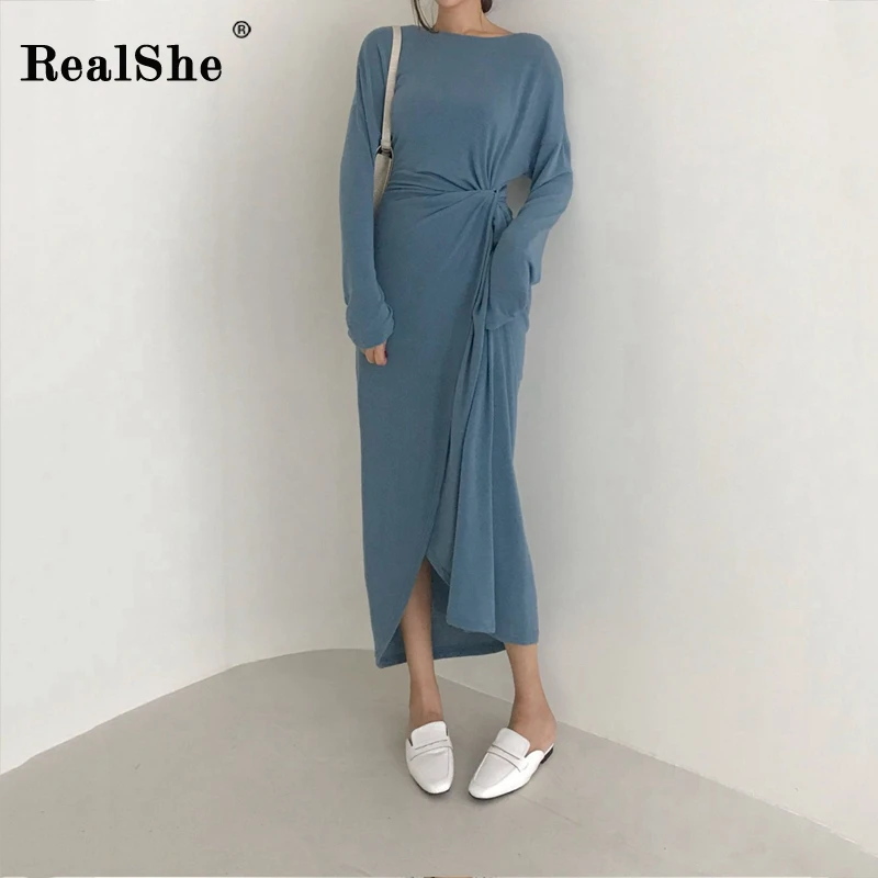 RealShe элегантное женское платье 2020 с круглым вырезом и длинным рукавом