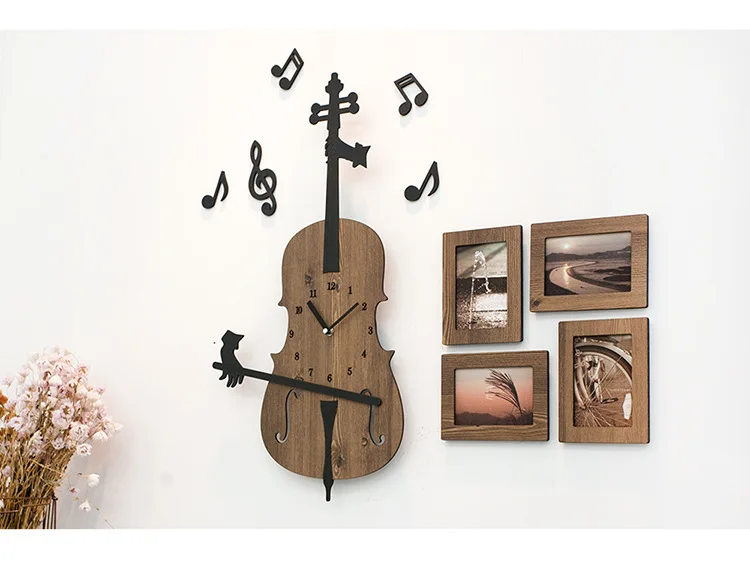Симпатичные скрипки DIY настенные часы современный дизайн 3D Деревянный Декор часы с фоторамкой настенные домашние декоративные часы Подарки для музыкальный