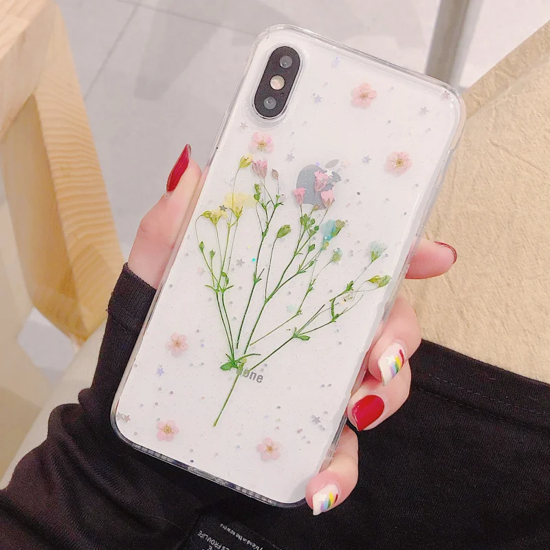 Style 1 Модный Блестящий НАСТОЯЩИЙ СУХОЙ прессованный цветочный чехол для телефона для iphone 11 pro XS MAX x XR 6 7 8 plus Прозрачная силиконовая задняя крышка для девочки - Цвет: Style 1