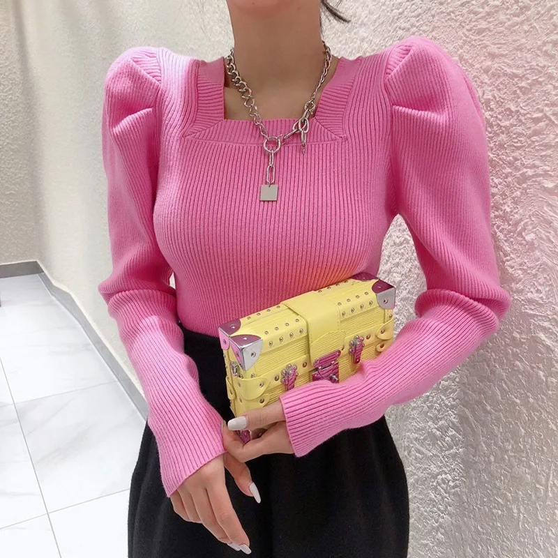 

Elegant Puff Sleeve Knitted Sweater Woman Fashion Square Neck Long Sleeve Pullover Ladies Slim Simple Solid Autumn Women's Top