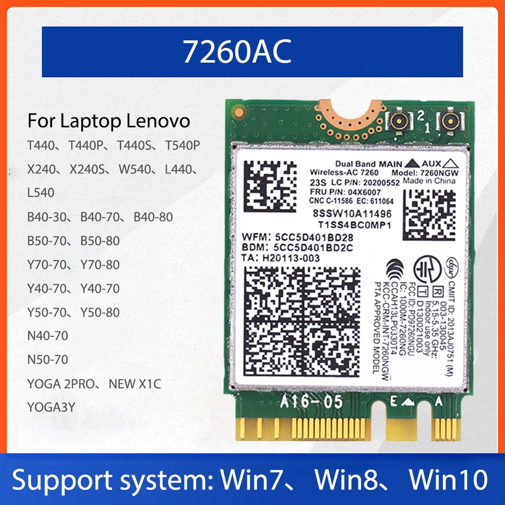 

7260AC Wireless Bluetooth 4.0 Network Card Dual Band 2.4G+5G 300Mbps/867Mbps NGFF M.2 Network Card for Lenovo T440 X240 Y40 Y70