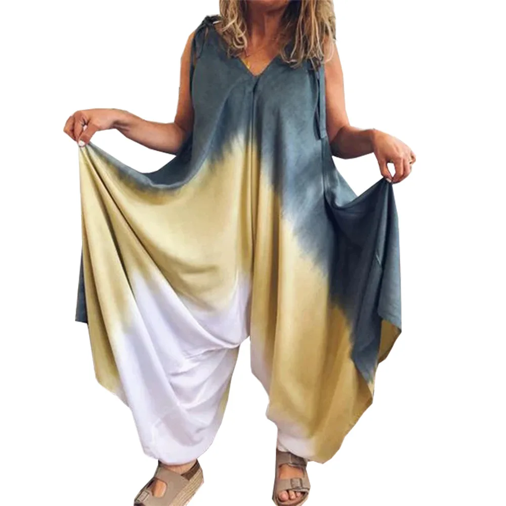 2021 Женский комбинезон с широким кроем с пониженной талией и яркими переходами цвета саруэль, с высокой эластичностью, пляжная одежда на улице.