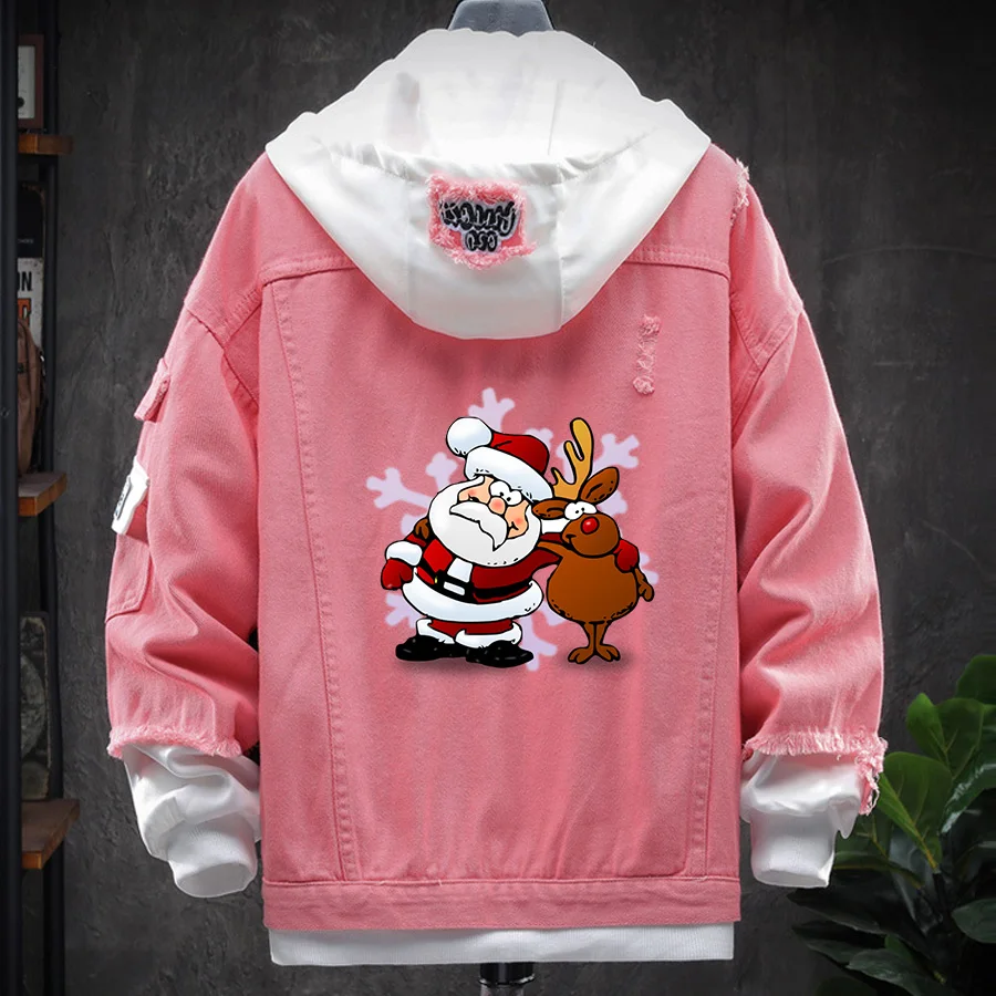 Santa Christmas New Year Print Denim Jacket For Men Style Streetwear Hip Hop Varsity Jean Autumn Vintage Jeans Coat Ropa | Мужская