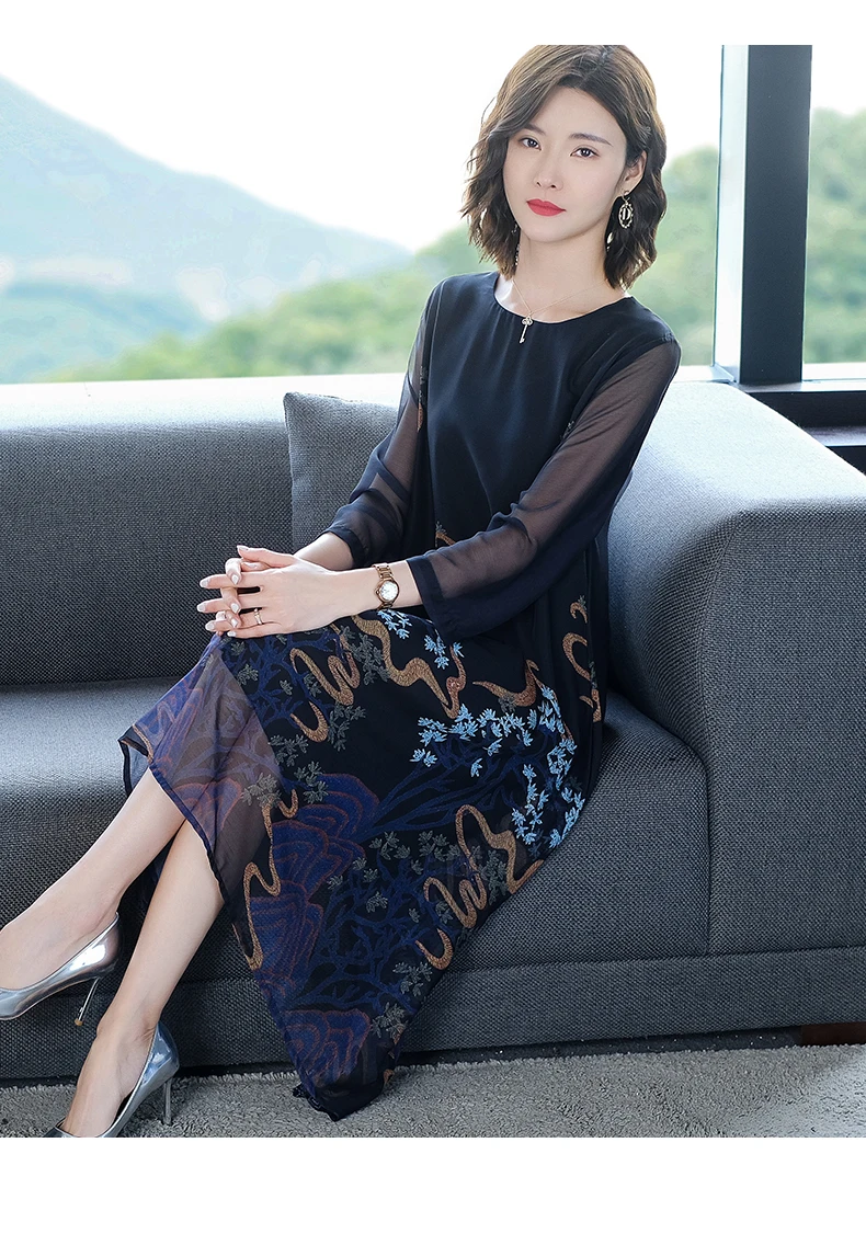 

Chikichi 2021 Spring New Loose Floral Print Dress Round Neck Long Black Retro Autumn Chiffon Dress for Women Plus Size 4XL