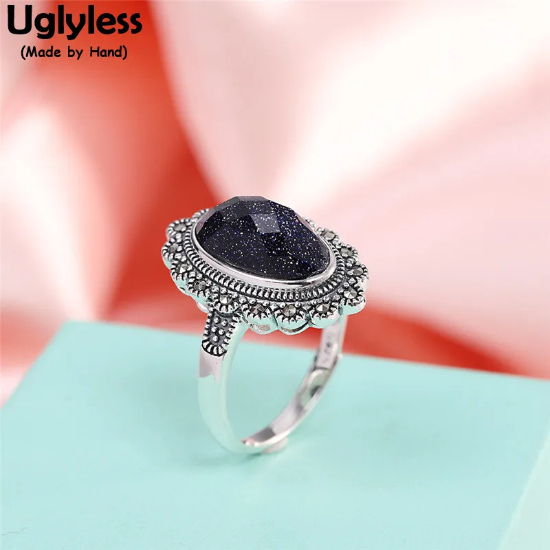 

Uglyless Shinning Blue Sand Stones Rings for Women Noble Faceted Gemstones Jewelry Thai Silver Marcasite 925 Silver Wide Rings