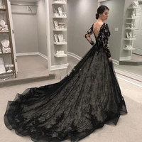 black gothic wedding dresses 2020 long sleeve v neck sweep train lace illusion bodice garden country bridal gown robes de mariee