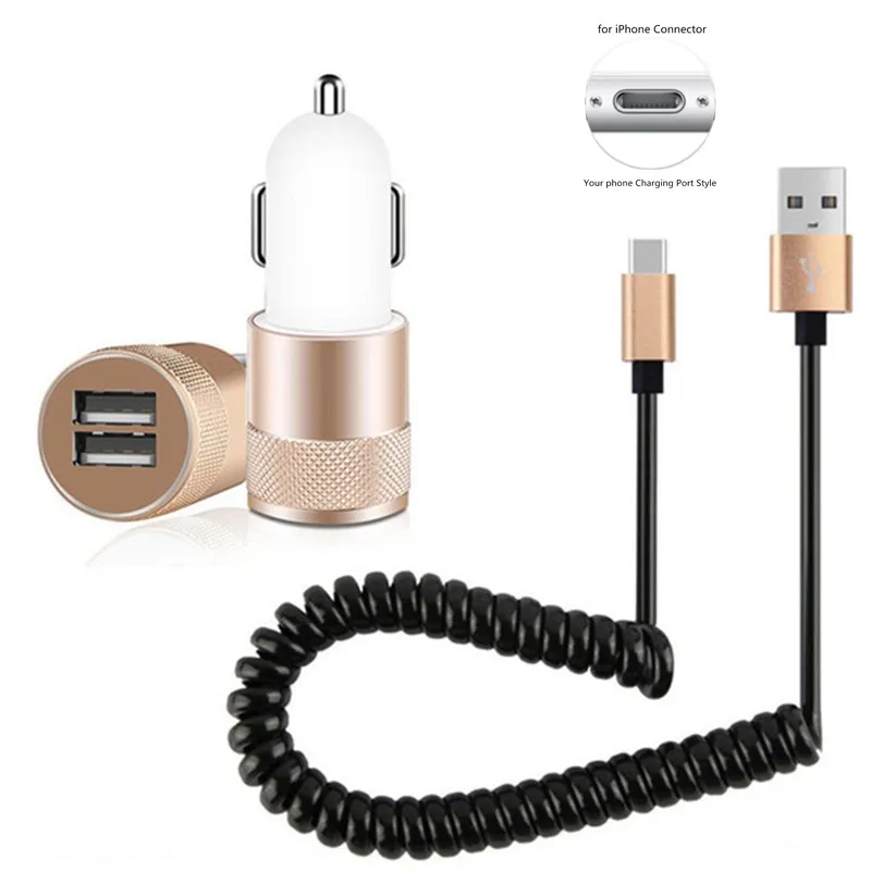 Автомобильное зарядное устройство с 2 портами, пружинный usb-кабель для iPhone Xiaomi mi 8 Explorer 9 SE 9T Pro A3 Red mi K20 4A 4X5 Plus Note 5A 6 7 Pro - Тип штекера: for iPhone 8Pin