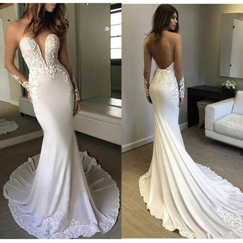 

FOLOBE Charming Bridal Dress Mermaid Lace Applique Tube Top Neckline Long Sleeve Backless Bridal Wedding Gown Wedding Dress 2021