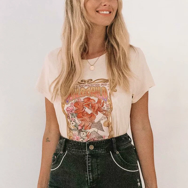 Boho винтажный шикарный женский хлопковый топ happie с круглым вырезом, футболки с рисунком розы, женские футболки с коротким рукавом, большие размеры