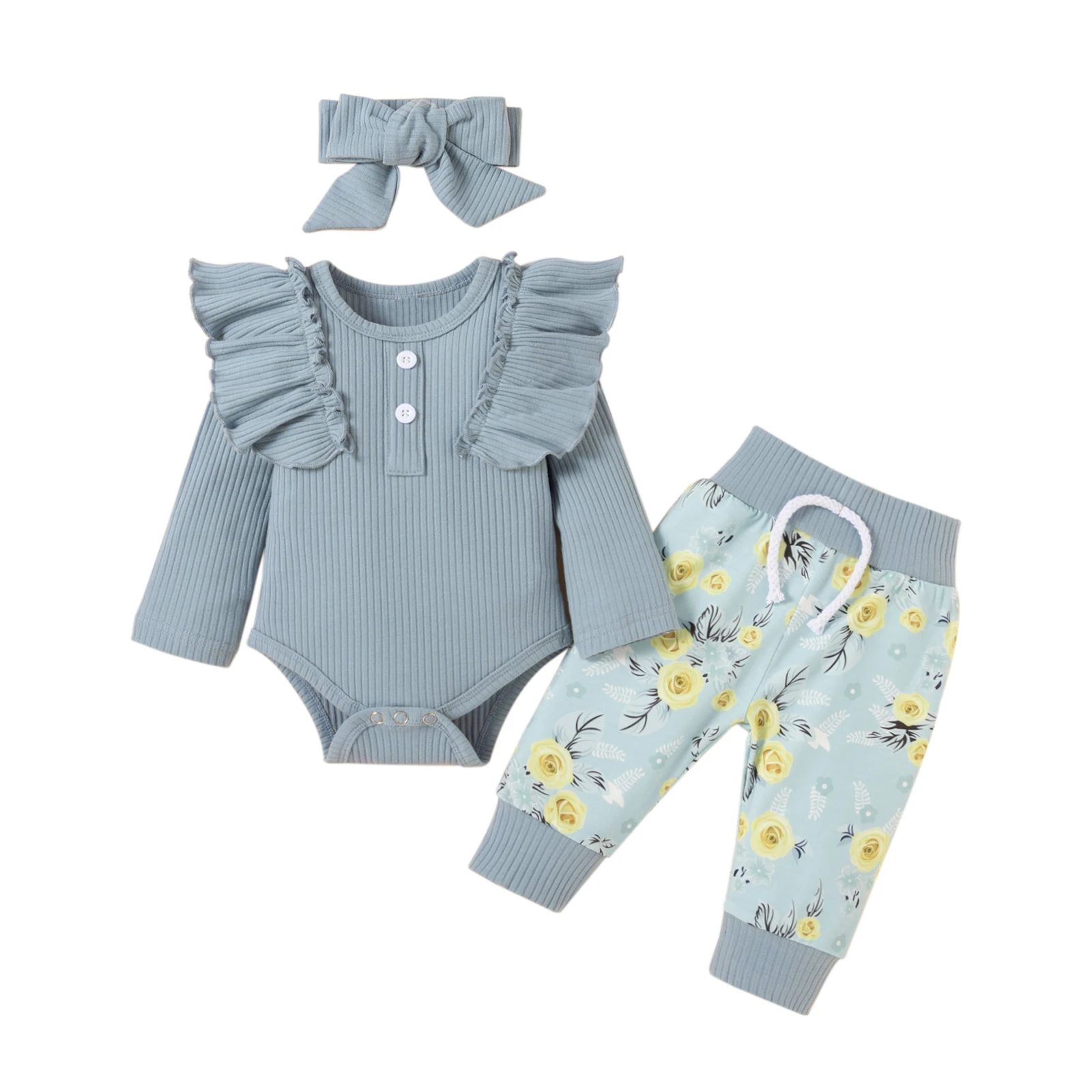 

Newborn Baby Girls Clothes Solid Color Ruffled Long Sleeve Romper Floral Elastic Waist Pants Headband Clothing For 0-18 Months