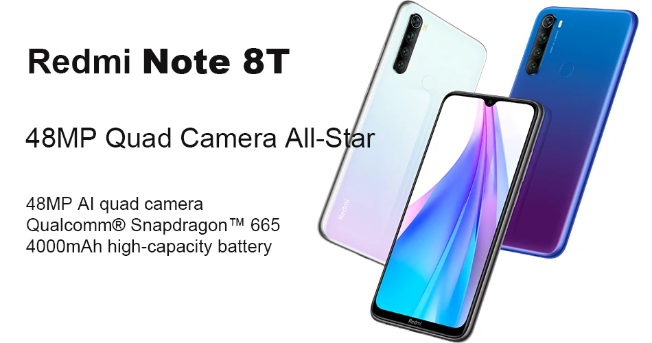 Xiaomi Redmi Note 8T с глобальной версией, 4 Гб, 128 ГБ, NFC, восьмиядерный смартфон Snapdragon 665, 6,3 дюйма, 48 МП, четыре тыловая камера, 18 Вт