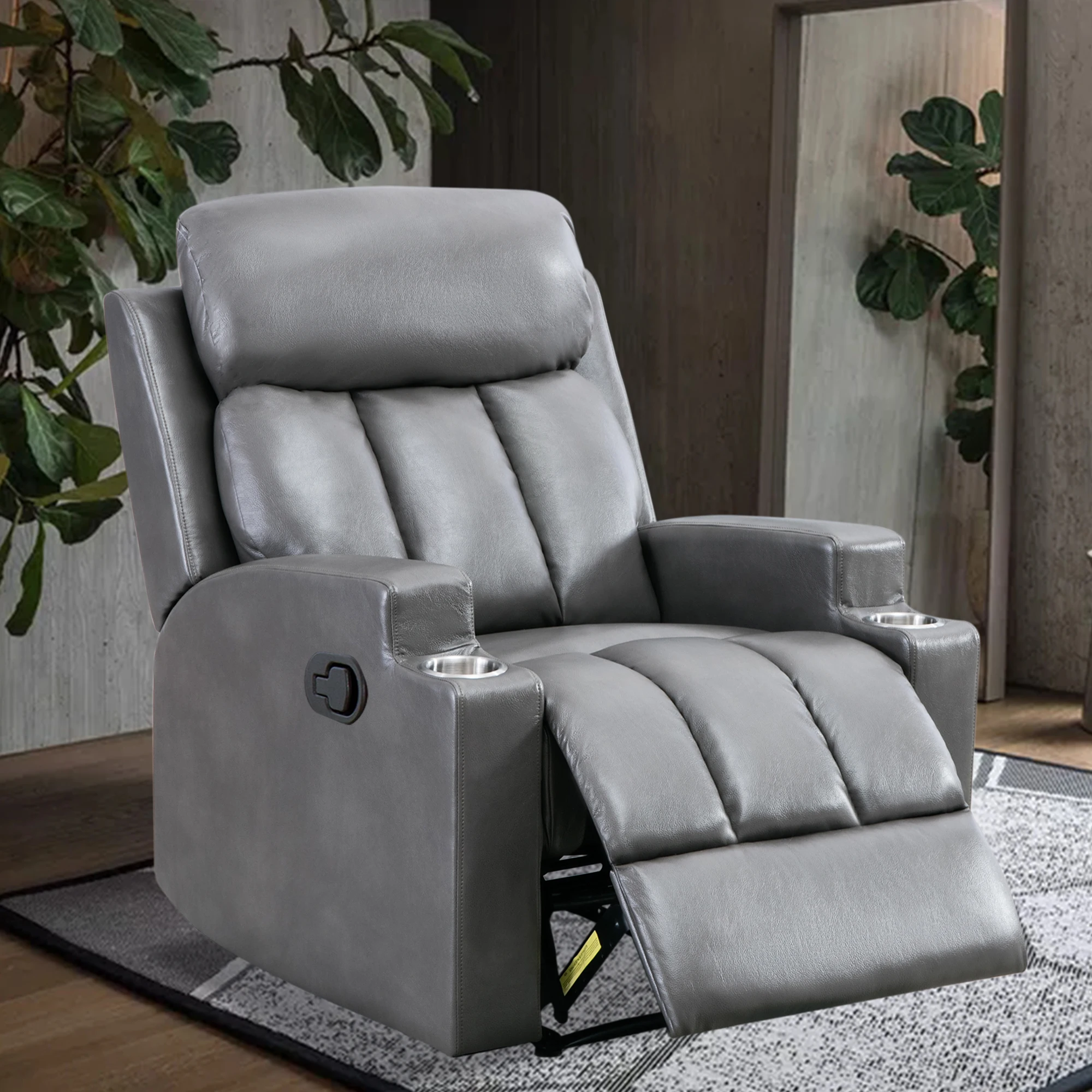 

"Breathable PU Leather Recliner Chair with 2 Cup Holders Contemporary Theater Seating Padded Single Sofa "