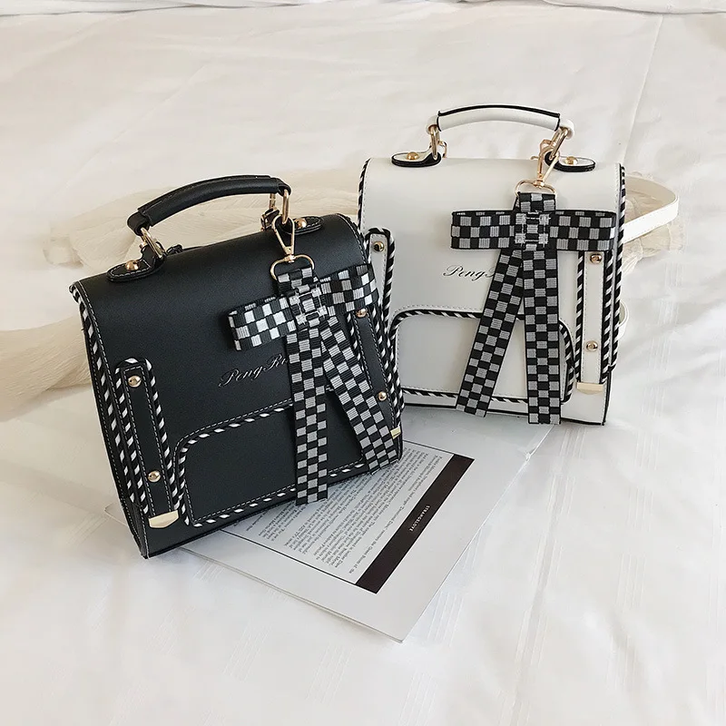 

2021 New Arrivals Womens PU Leather Backpack High Quality Ribbon Decoration Fresh Literature and Art Style Zipper Geometric Bag