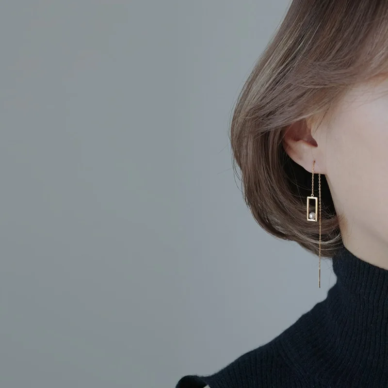 

Elegant pearl earrings for women geometric drop chain earring 925 sterling sivler fine earring earlobe piercing female girl gift