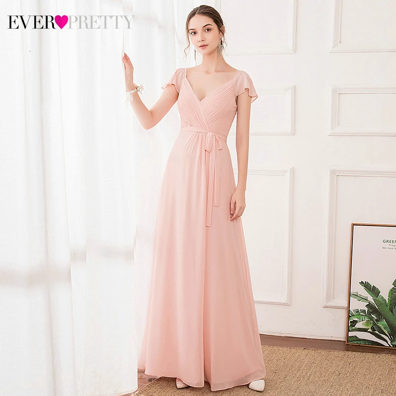 Элегантные розовые платья подружки невесты Ever Pretty EP00892PK с рукавами крылышками v