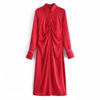 2021 ladies fashion noble red evening dress contrasting slim button long sleeve midi shirt dress women party club satin dress