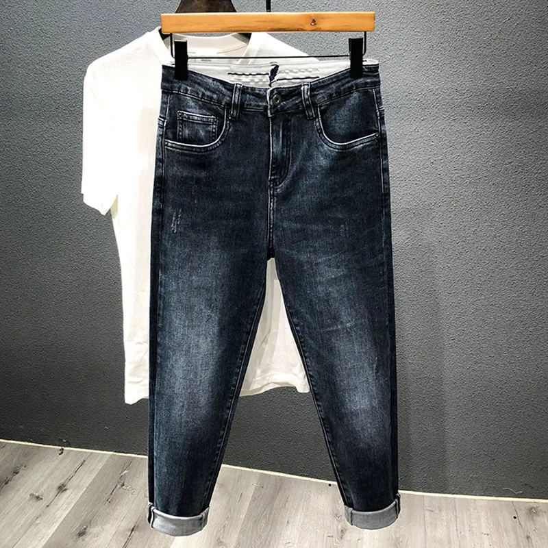 Korean Style Fashion Men Jeans Autumn Newly Designer Elastic Retro Blue Ripped Jeans Men Embroidery Designer Denim Harem Pants