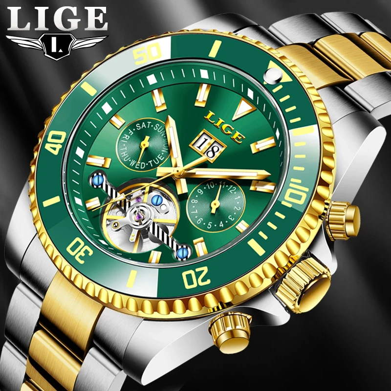 

2022 LIGE Business Watch Men Automatic Mechanical Tourbillon Watch Luxury Fashion Stainless Steel Watches Mens Relogio Masculino