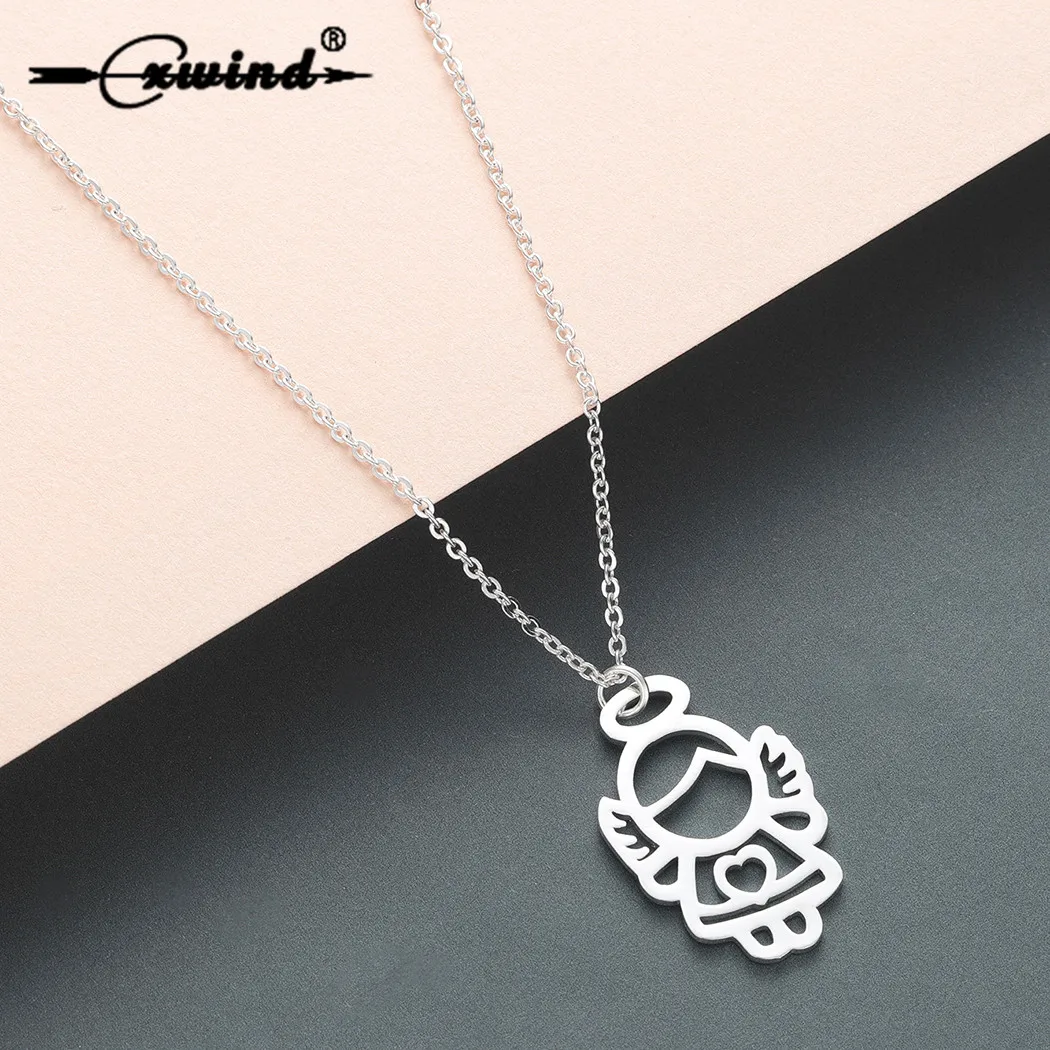 

Cxwind Stainless Steel Gold Silver Color Metal Chain Angel Necklace Couple Love Choker Geometric Pendant Necklaces for Women Men