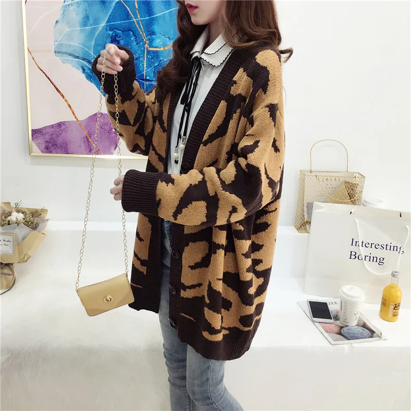 Woherb Harajuku свитер с леопардовой раскраской Женский Повседневный Свободный кардиган осень негабаритный вязаный кардиган джемпер Pull Femme 22979