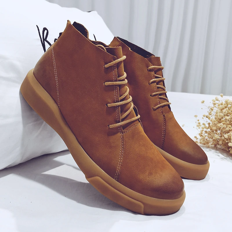 Beli Boot Chelsea Pria Musim Dingin Fashion Sepatu Bot Santai Pria Trendi Kulit Sapi Slip-On Cokelat Sepatu Kasual High Top Hitam